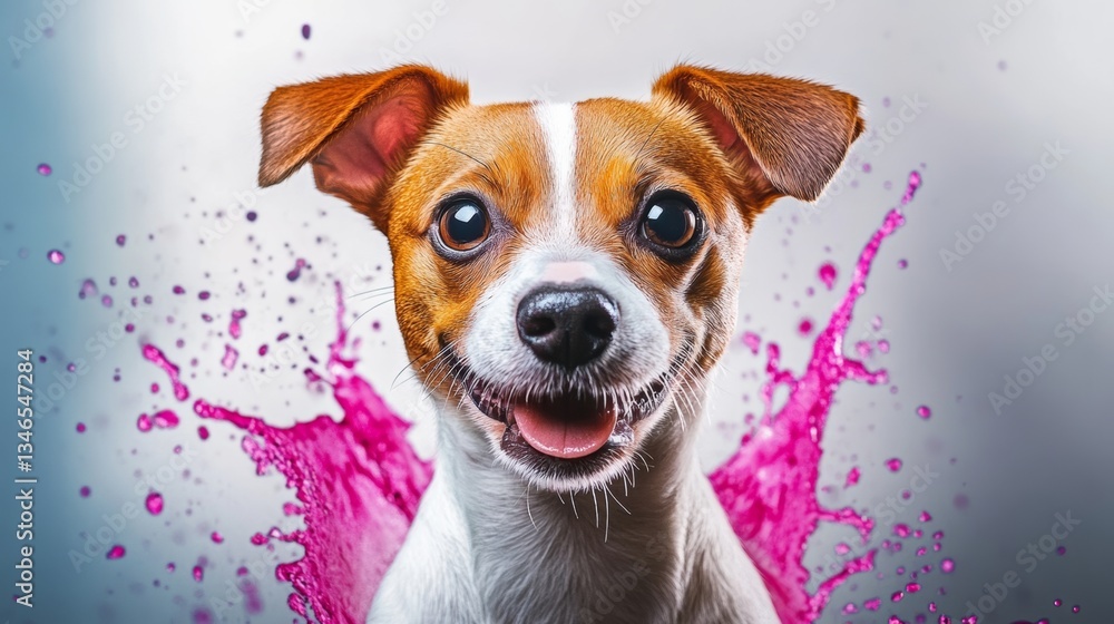 Poster dog is smiling and looking at the camera with pink water splashing around it. the image has a playfu