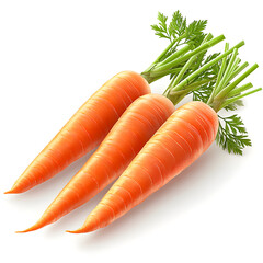 Three fresh carrots with green leaves lying on white background