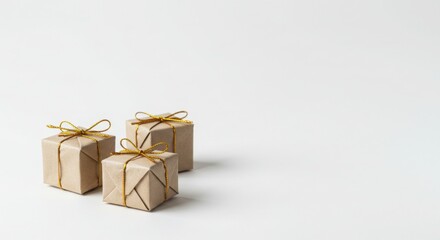Three Small Kraft Paper Gift Boxes with Gold Ribbon, Minimalist Gift Packaging Presents