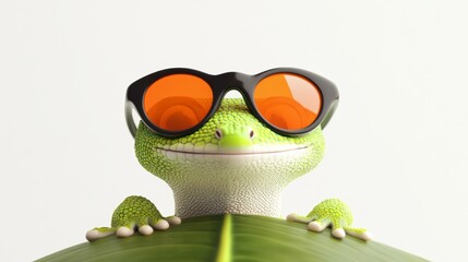 Green lizard wearing sunglasses and smiling. The lizard is on a leaf. Scene is lighthearted and fun