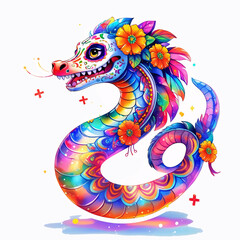 Obraz premium Hand-drawn Ofrenda-style serpent dressed in colorful Día de los Muertos decorations, isolated on a white background