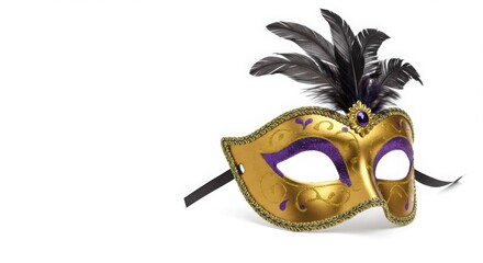 Elegant Gold Venetian Mask with Purple Accents and Black Feathers - Masquerade Party Costume Accessory