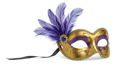 Elegant Gold and Purple Venetian Masquerade Mask with Feathers; Luxury Carnival Mask Costume Accessory