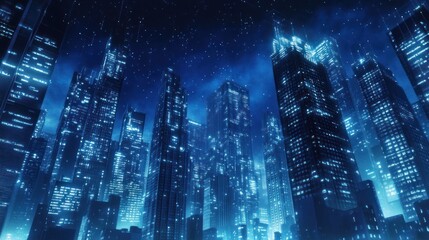 Obraz premium Futuristic city skyline at night with glowing buildings (1)