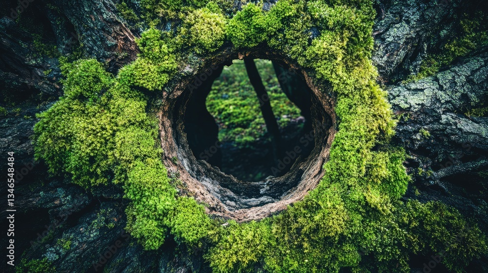 Poster a circular hole in the center of a weathered tree trunk, surrounded by rich green moss, capturing th