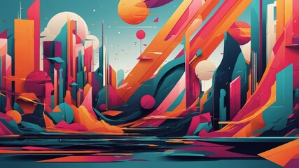A colorful abstract cityscape with geometrical shapes and vivid colors