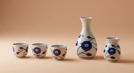Elegant Blue and White Porcelain Sake Set; Japanese Floral Sake Set, Pottery, Ceramic Drinkware