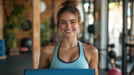 Fototapeta premium Smiling fitness woman standing in a fitness studio carrying a yoga mat. Portrait of a young woman at a fitness training centre.