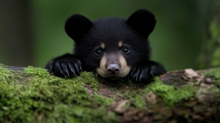 Cute black bear cub peeking through mossy log