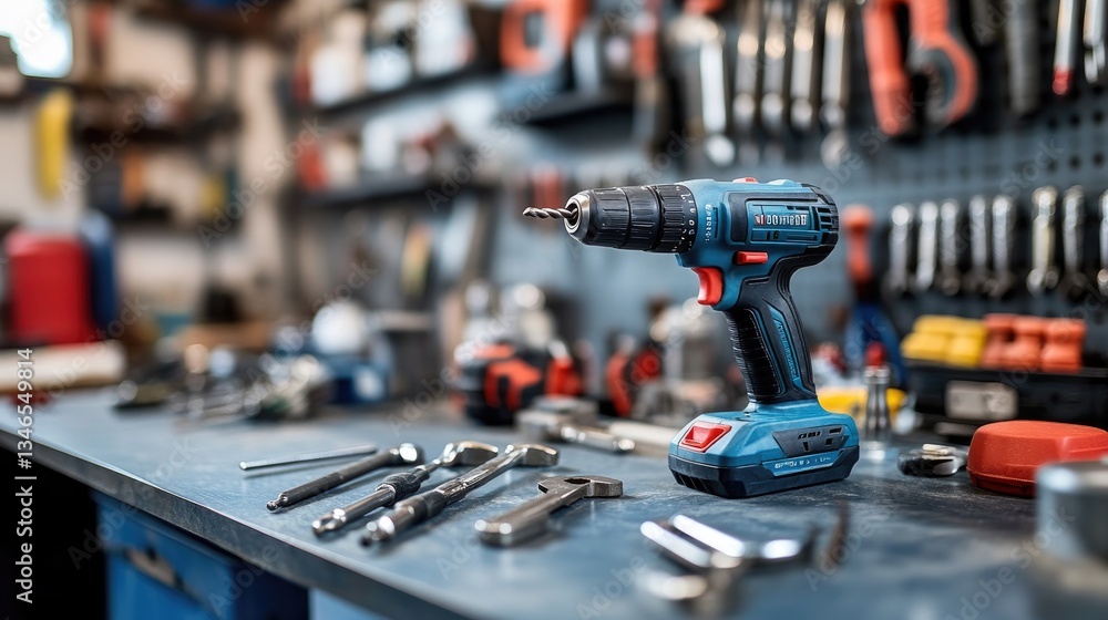 Poster a close-up of a power drill, wrench, and other tools arranged neatly on a workbench, showcasing the 