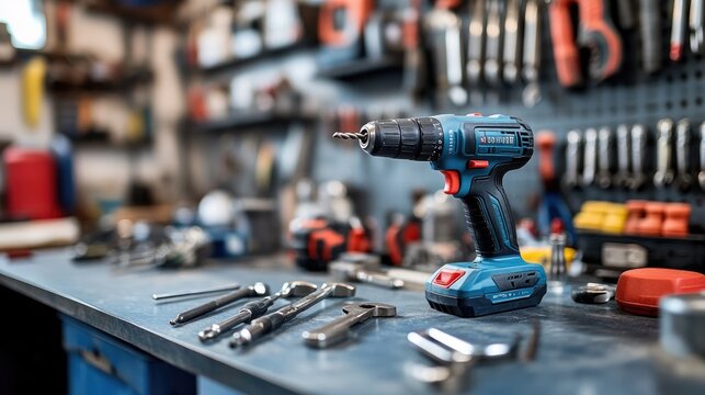 A close-up of a power drill, wrench, and other tools arranged neatly on a workbench, showcasing the essentials for any DIY or home improvement project.