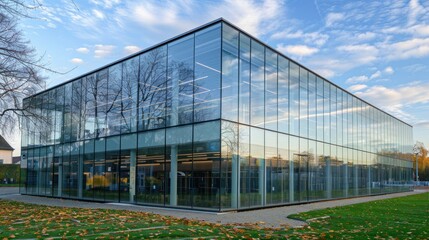 Obraz premium Glass office building with clear windows and a reflective surface.