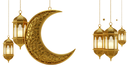Golden crescent moon and lanterns hanging against a black background decor art