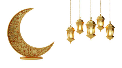 Golden crescent moon and hanging lanterns on a black background art decoration, ramadan theme © Aura_Designs