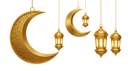 Golden crescent moons and lanterns hanging against a black background render art