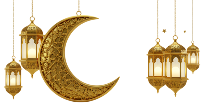 Golden crescent moon and lanterns hanging against a black background decor art