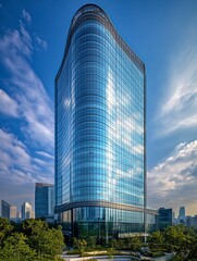 Obraz premium Modern Glass Skyscraper Towering Above Green Trees with Cloudy Blue Sky