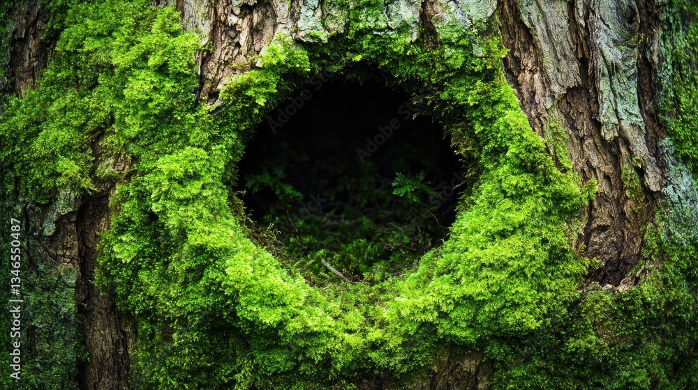 Poster a close-up of a tree trunk revealing a perfectly formed circular opening, surrounded by vibrant gree