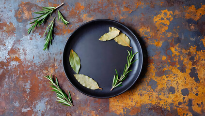 A top view of a black plate surrounded by bay leaves and sprigs of rosemary, creating a rustic and aromatic composition with earthy tones and green foliage.