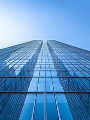 Looking Up at Modern Glass Skyscraper Against a Clear Blue Sky