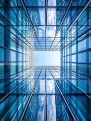 Looking Up at Modern Glass Building Reflecting Sky with Cloudscape