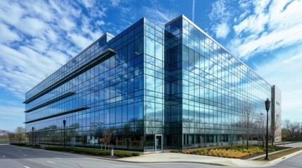 Office building made entirely of glass, showing a sleek design.