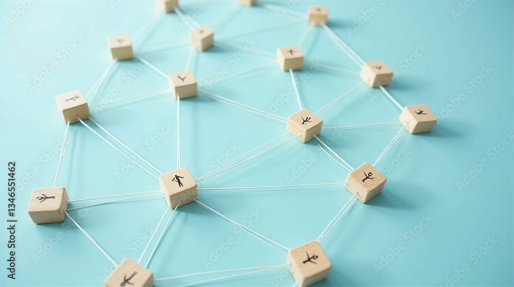 Aufkleber wooden blocks network string connection top down view light blue surface