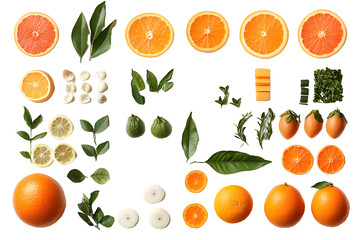 Obraz premium Collection of fresh citrus fruits including oranges, lemons, grapefruits, and more with green leaves on a white background
