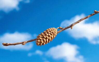 Alder Cone on Branch Against Blue Sky and Clouds Close-up
