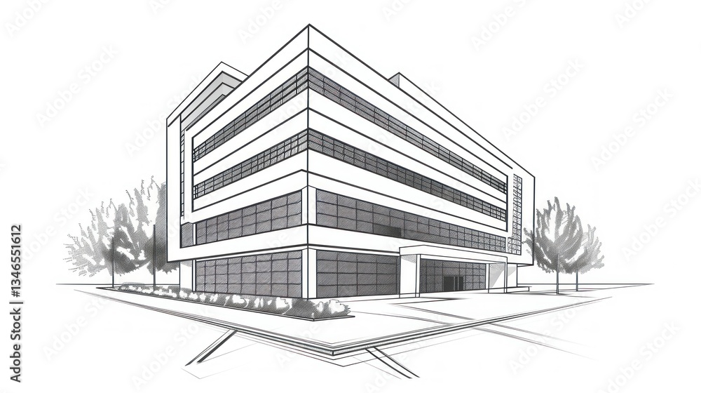 Poster simple vector design of a corporate office building with sharp lines.