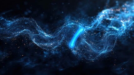 Abstract digital graphic design with vibrant blue neon line pattern, particles, and glowing light effect.