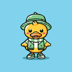A hand-drawn vector illustration of a cute duck wearing a green hat, jacket, and scarf. Perfect for kids' designs, stickers, and branding. Not AI-generated.