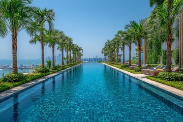 Obraz premium Luxury hotel swimming pool on a tropical island in Hainan, China, surrounded by palm trees and blue water, captured in high resolution.