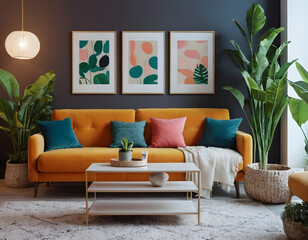 Bright living room with an Easter setup featuring yellow and red tulips in a white vase, soft textured pillows, attractive decorations, and a modern living room with sofa and cushion.