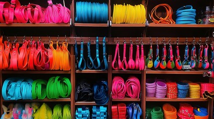 A Vibrant Rainbow Of Pet Leashes And Collars Displayed Neatly On Shelves, Showcasing A Playful And Colorful Pet Supply Store Aesthetic
