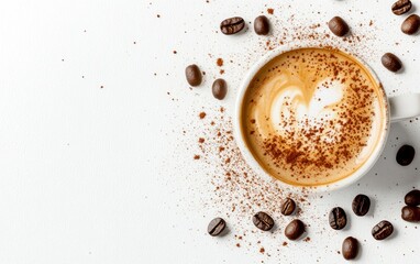 Fototapeta premium Enjoying Cappuccino Art with Coffee Beans on a Clean White Surface