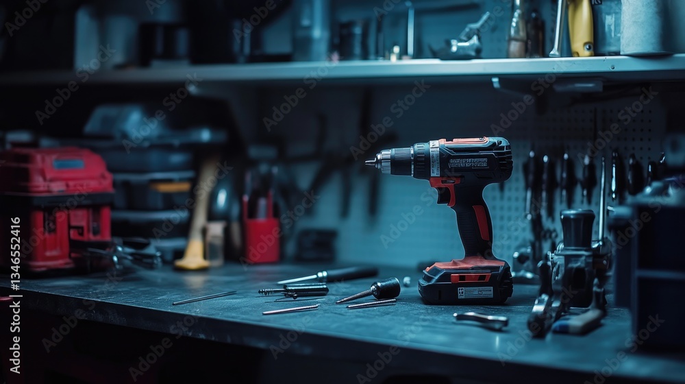 Poster a close-up shot of a power drill, screwdriver, and other tools placed on a workbench, highlighting t