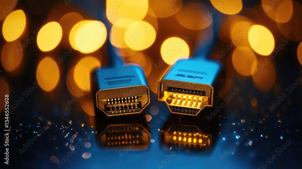 Poster a close-up shot of two illuminated hdmi cable connectors resting on a glossy, dark reflective surfac