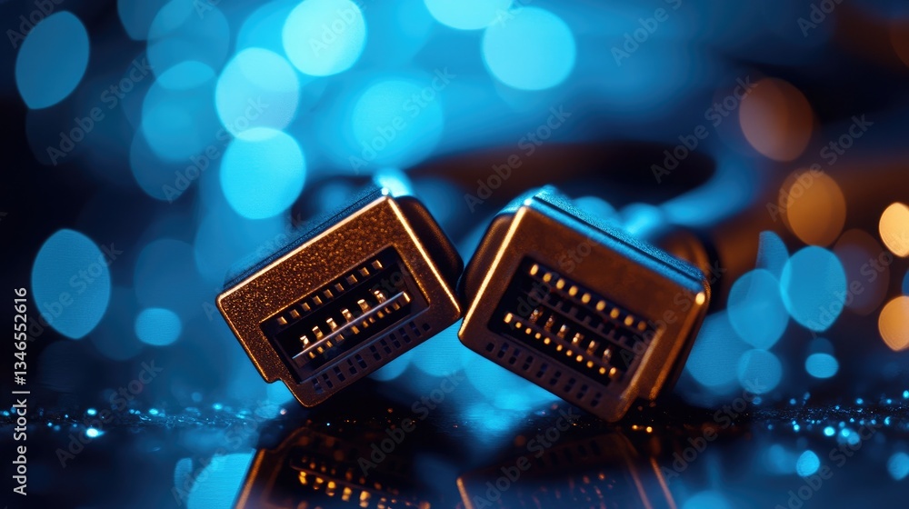 Poster a close-up shot of two illuminated hdmi cable connectors resting on a glossy, dark reflective surfac