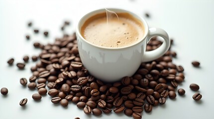 Delicious Aromatic Steaming Hot Coffee Cup with Roasted Coffee Beans - Close Up Food Photography, Morning Beverage, Caffeine Kick, Clean Crisp White Studio Background