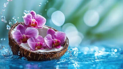 A coconut shell half-submerged in vivid blue water, embellished with pink orchids, as droplets splash in a refreshing tropical scene. © Natchooda