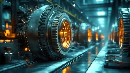 Fototapeta premium Futuristic Production Line Glowing Cylinders