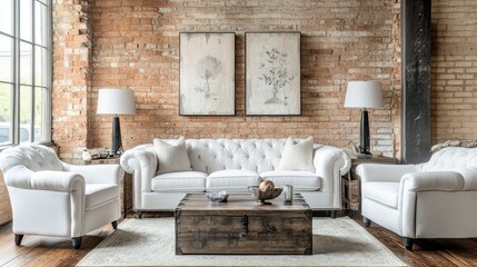 A contemporary industrial living room with a white sofa and matching armchairs, against a backdrop of rustic exposed brick, creating a stylish, modern look.