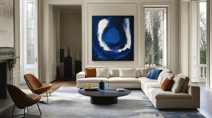 A contemporary living room featuring a plush sectional sofa, minimalist coffee table, and a striking blue and white abstract painting, creating a stylish, elegant space