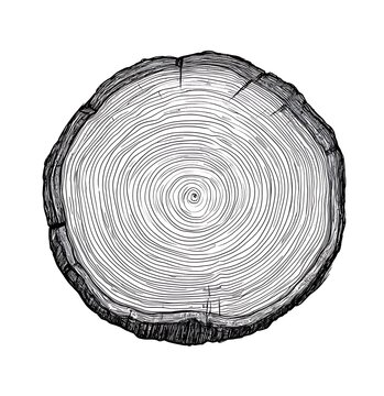 A black and white ink drawing of an oak tree ring, poster art design, wall art