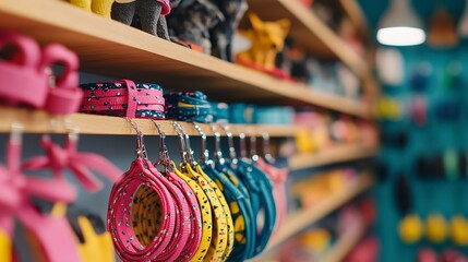 A Vibrant Collection Of Colorful Pet Collars And Leashes Displayed On Wooden Shelves In A Cheerful Pet Shop, Showcasing Playful Patterns And Bright Hues