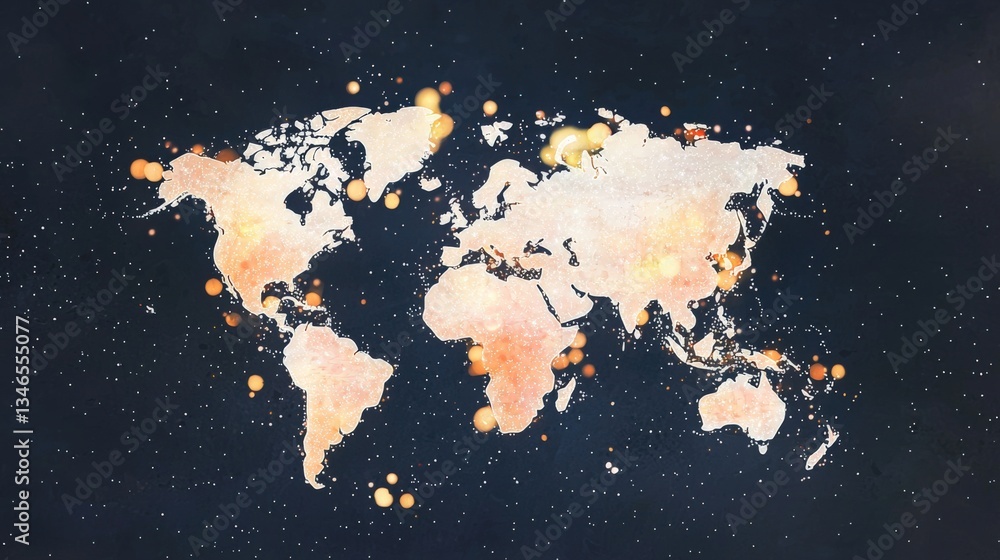 Wall mural artistic representation of a world map featuring soft lights and a textured background. ideal for gl