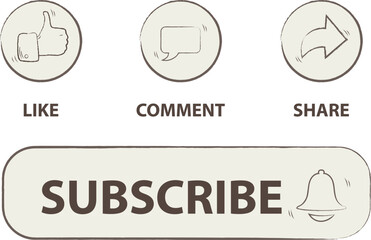 Like, comment, share and subscribe icon symbols Vector illustration. Collection of hand drawn design elements for video channels, blog and social media isolated on white background