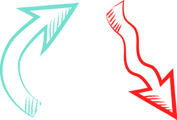 Green and red up and down arrows doodle vector illustration. Set of two design elements success and failure concept