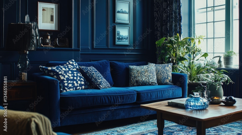 Poster a cozy living room featuring deep blue tones, accented with patterned textiles and a comfy blue sofa